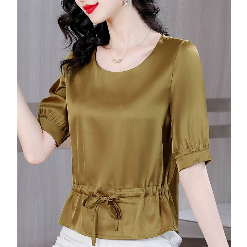 气质中袖小衫收腰洋气女短袖t恤2024新款夏季妈妈宽松显瘦上衣