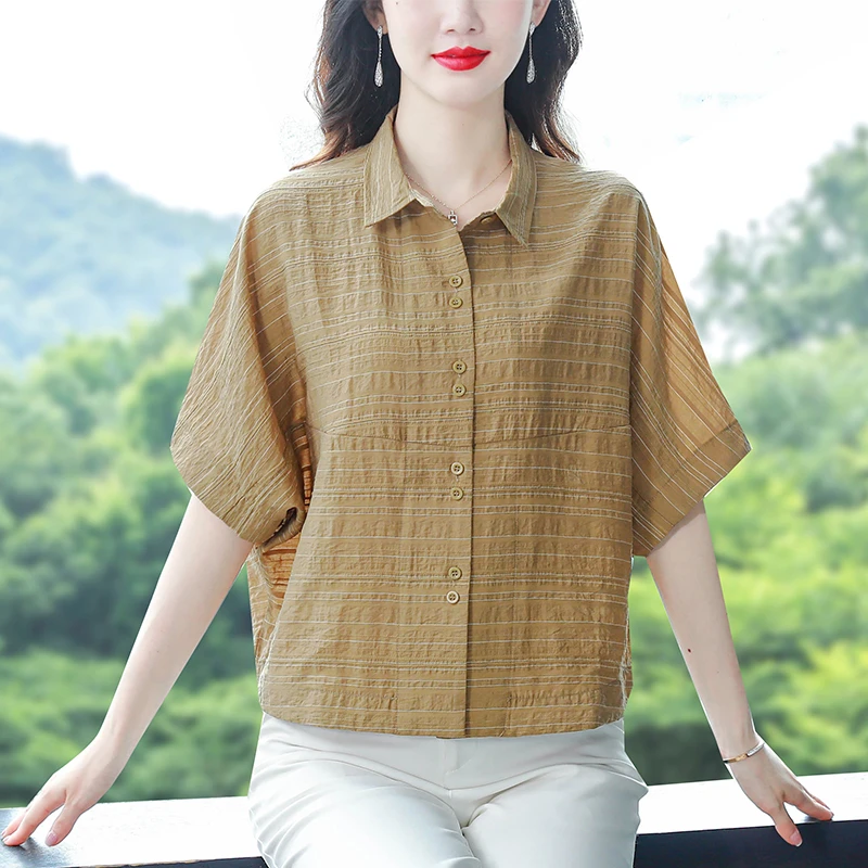 复古休闲衬衫女短袖夏季新款妈妈时尚洋气小衫遮肚子显瘦条纹上衣