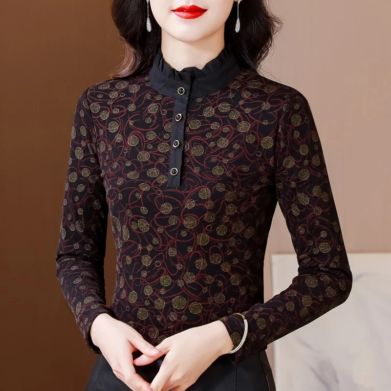 妈妈保暖小衫女士加绒碎花网纱上衣时髦洋气打底衫秋冬内搭t恤衫