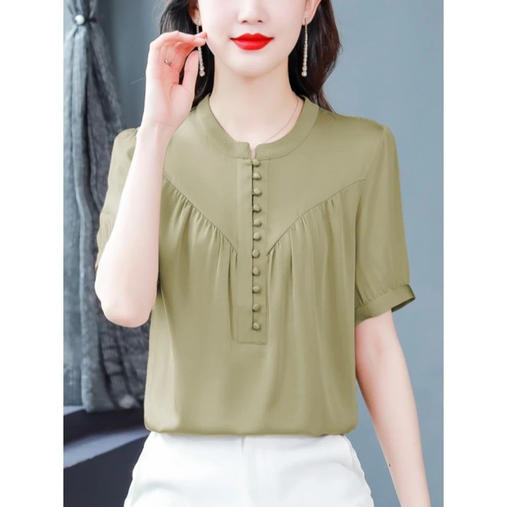 立领气质小衫女短袖夏装2025年新款妈妈装遮肚上衣时尚洋气雪纺衫