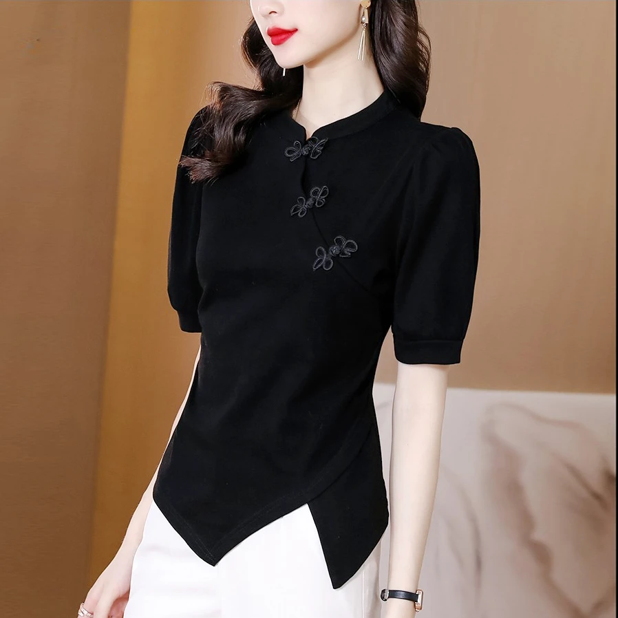 短袖立领旗袍衬衫短款上衣显瘦设计感复古中国风小众改良夏季小衫