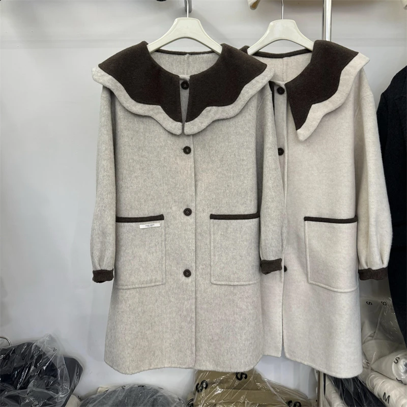 娃娃领中长款呢子大衣2024秋冬新款韩系宽松撞色毛呢外套