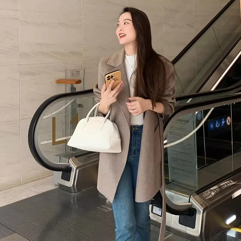 美洋MEIYANG特惠丝光羊绒大衣秋季西装领珠边绑带双面呢现货