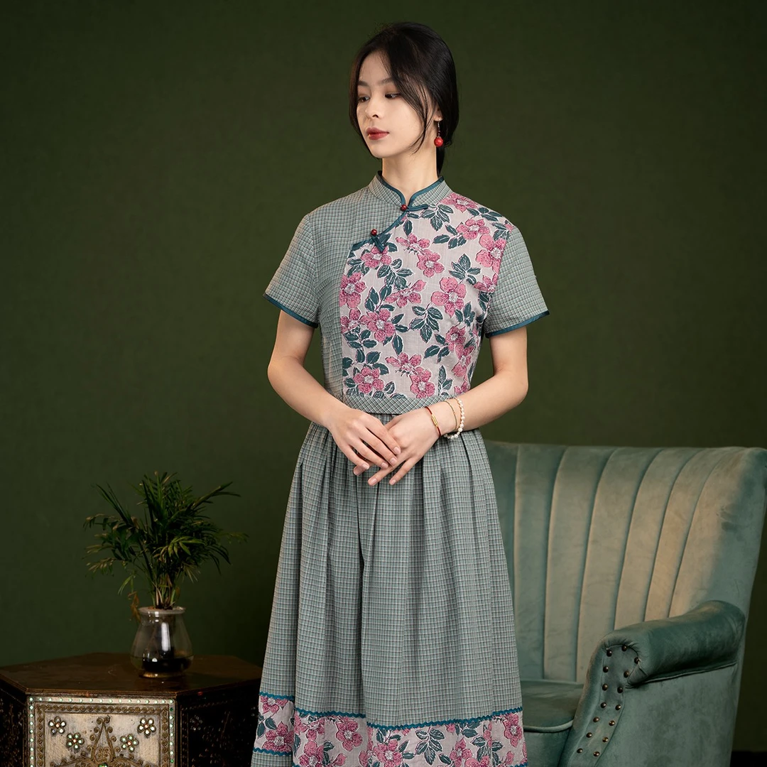 原创设计新中式复古优雅连衣裙斜襟绣花国风气质9229047