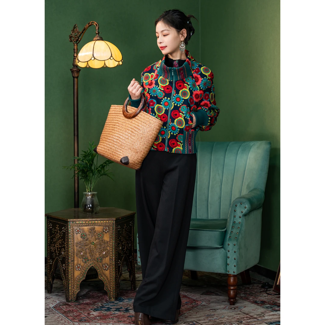 红裳秋冬新款印花提花休闲复古女士碎花时尚夹克短外套L823039