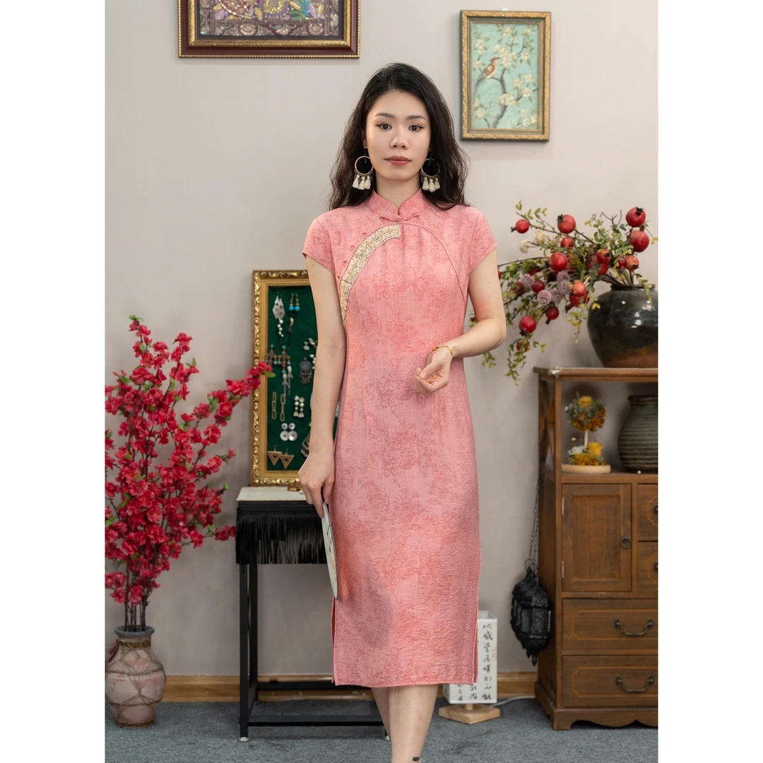 红裳气质新中式网红中国风旗袍斜襟提花修身夏季时尚立领923009