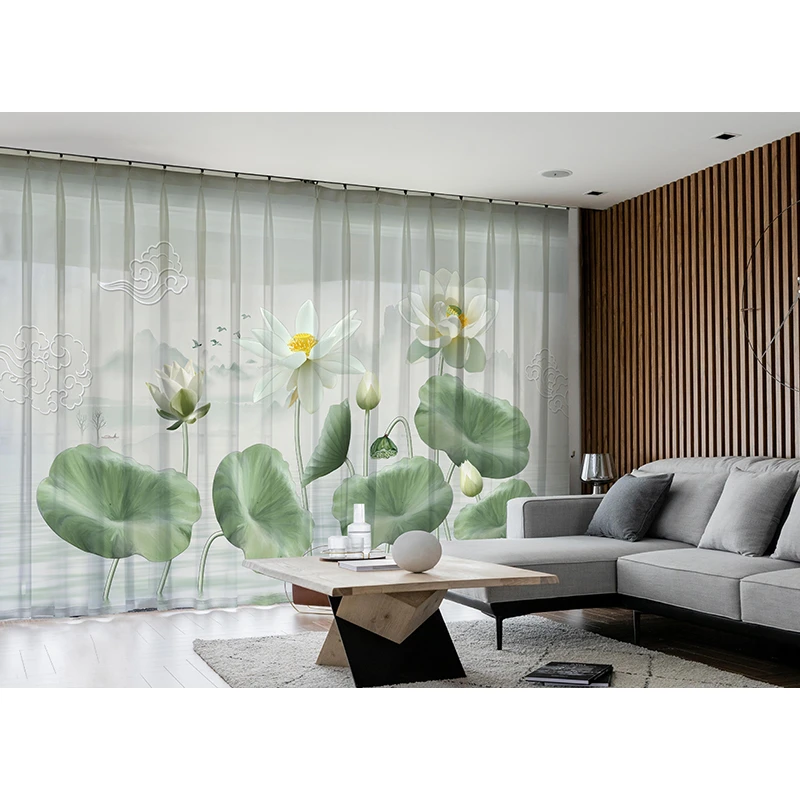 窗帘2023新款中式客厅新中式中国风水墨荷花禅意纱帘透光不透人