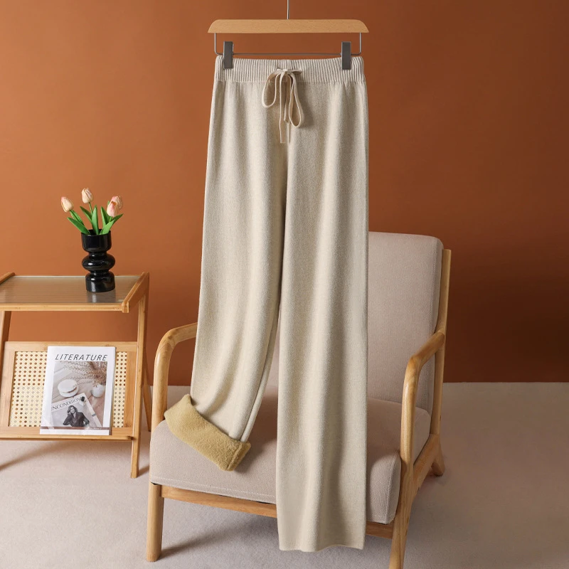 加绒羊毛阔腿裤女秋冬高腰垂感加厚针织直筒裤休闲外穿裤
