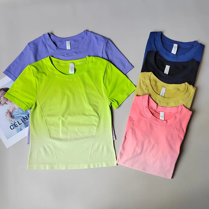 夏季新品渐变色轻薄透气瑜伽服短袖运动T修身显瘦训练健身上衣女