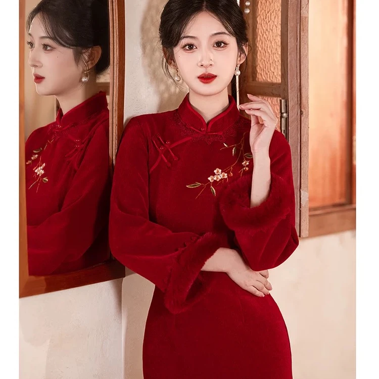 【宓悦-锦禧】红色旗袍2024新款秋冬季加绒新中式敬酒服刺绣过年