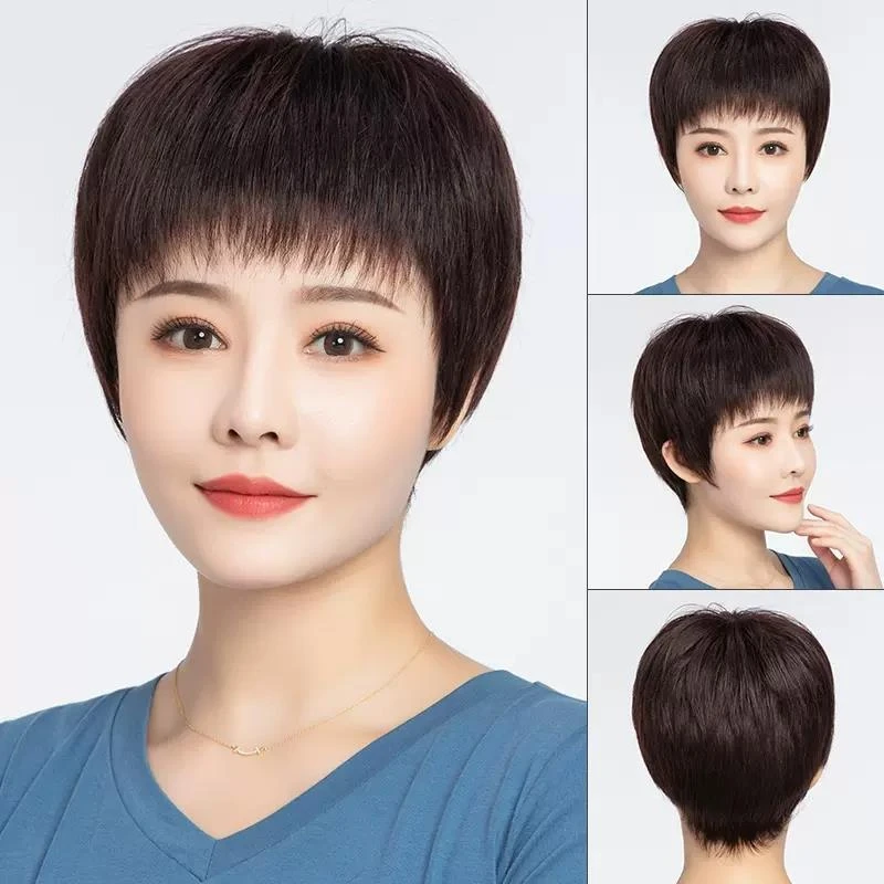 品牌女年轻全头套真人发丝短直发中老年女士自然妈妈波波头套舒适