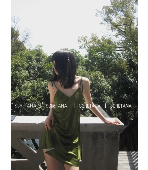 SCRETANA/安娜的秘密玉冰绿绸缎光泽感家居服吊带睡裙