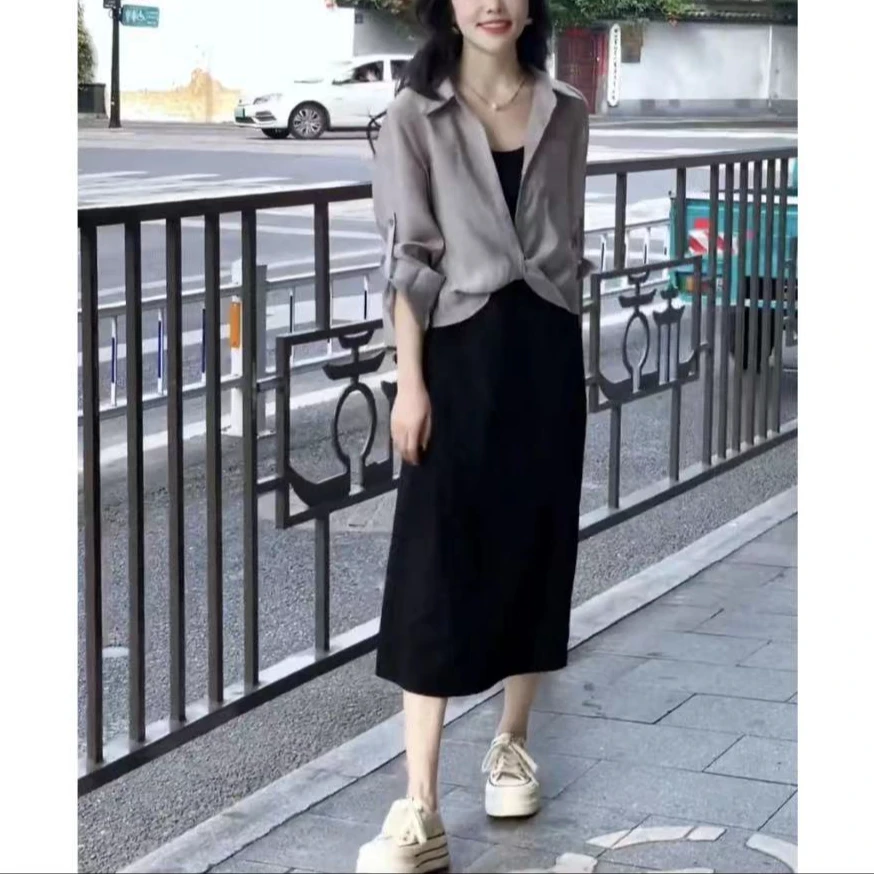 时尚休闲百搭显瘦防晒衬衫吊带裙两件套2025新款夏季胖MM遮肉套装