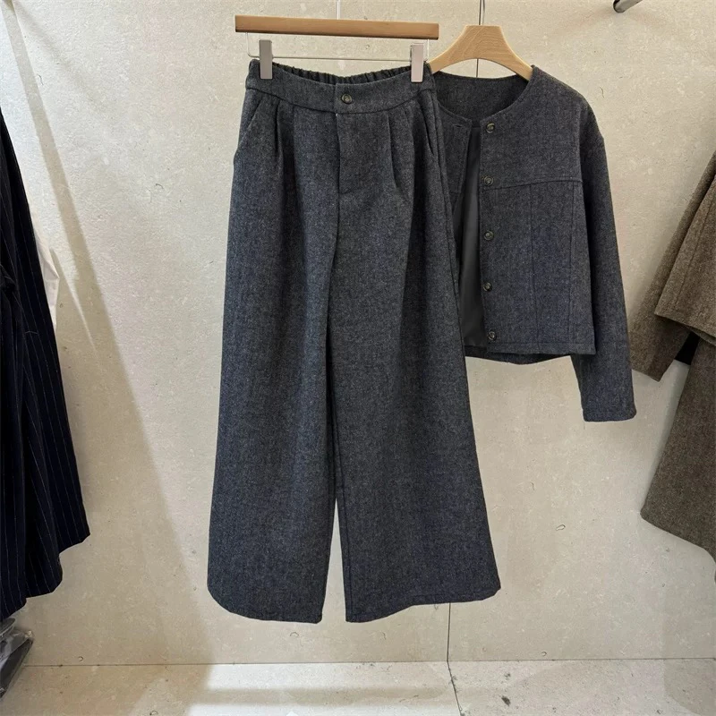 小香风加厚外套阔腿裤两件套秋冬季新款时尚休闲显瘦胖MM遮肉套装