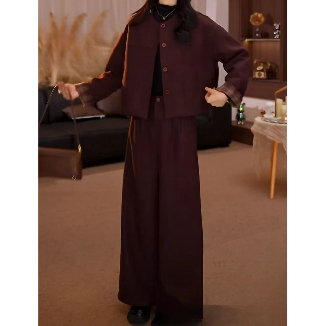 时尚小香风显瘦圣诞安可拉红夹棉上衣外套阔腿裤女2024冬季两件套