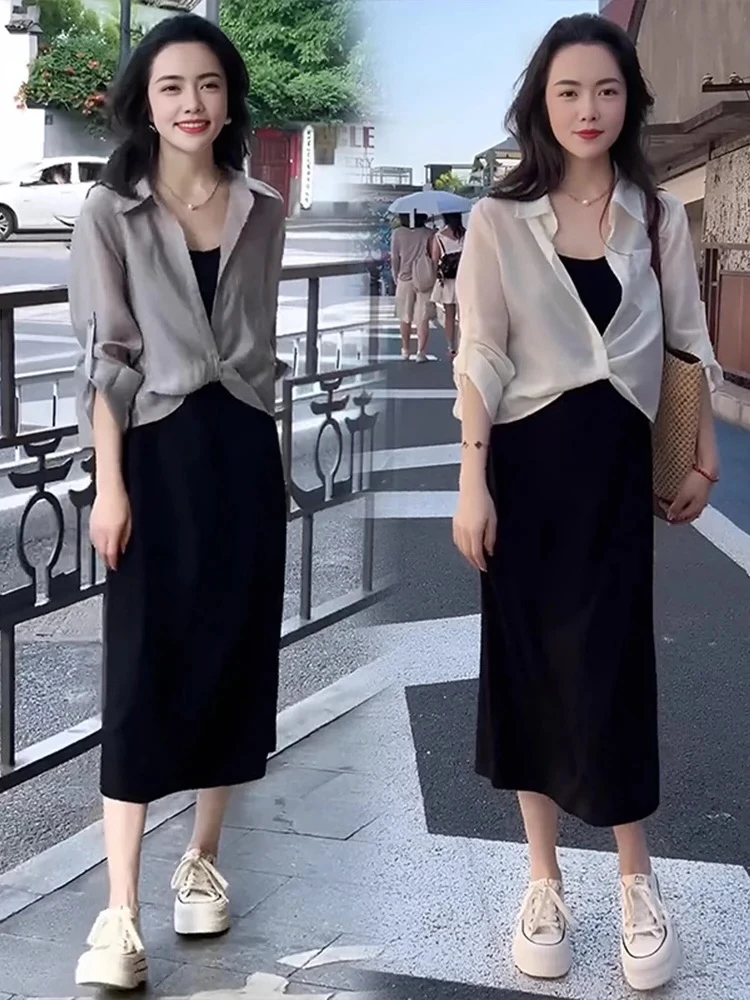 时尚休闲韩版显瘦防晒衫吊带裙两件套2025新款夏季胖妹妹遮肉套装