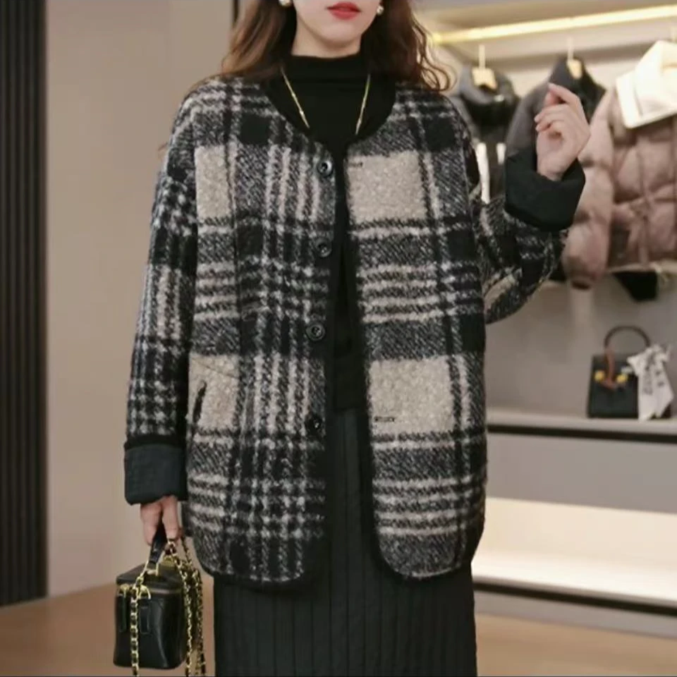 秋冬季新款两面穿经典格纹小香风显瘦拼色加厚外套圈圈毛呢大衣女