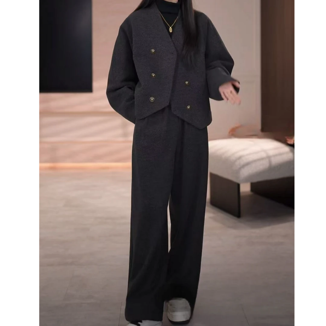 韩版时尚显瘦夹棉蝙蝠袖外套阔腿裤两件套2024新款冬季遮肉套装