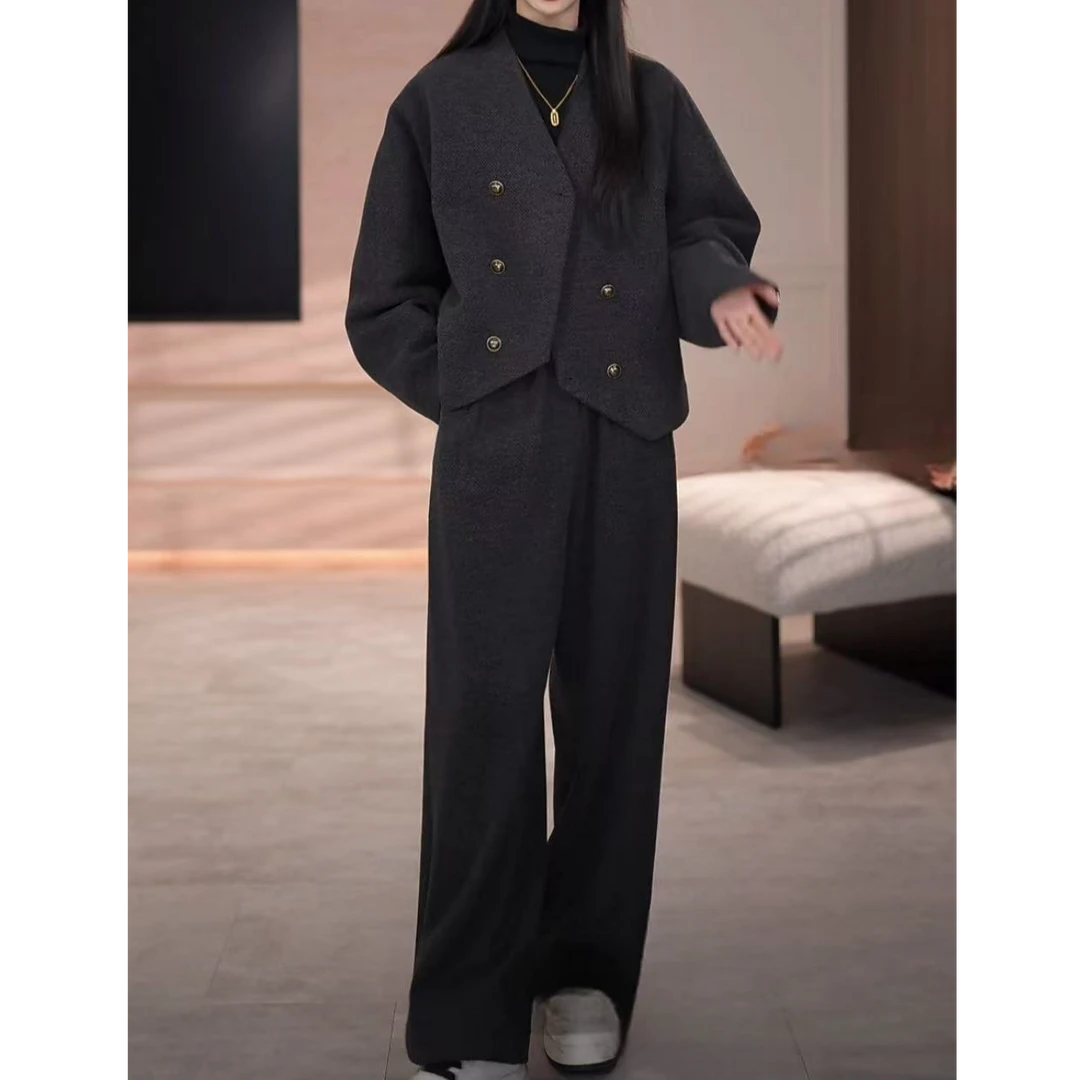 冬季小香风韩版夹棉蝙蝠袖外套阔腿裤显瘦两件套2024新款遮肉套装