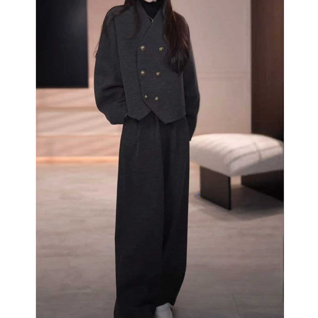 时尚休闲韩版夹棉蝙蝠袖外套阔腿裤显瘦两件套女2024新款遮肉套装
