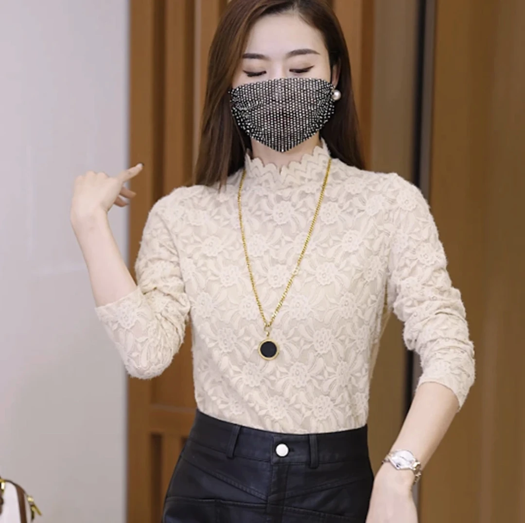 秋冬时尚蕾丝半高领打底衫女秋装时髦洋气外出上档次百搭上衣