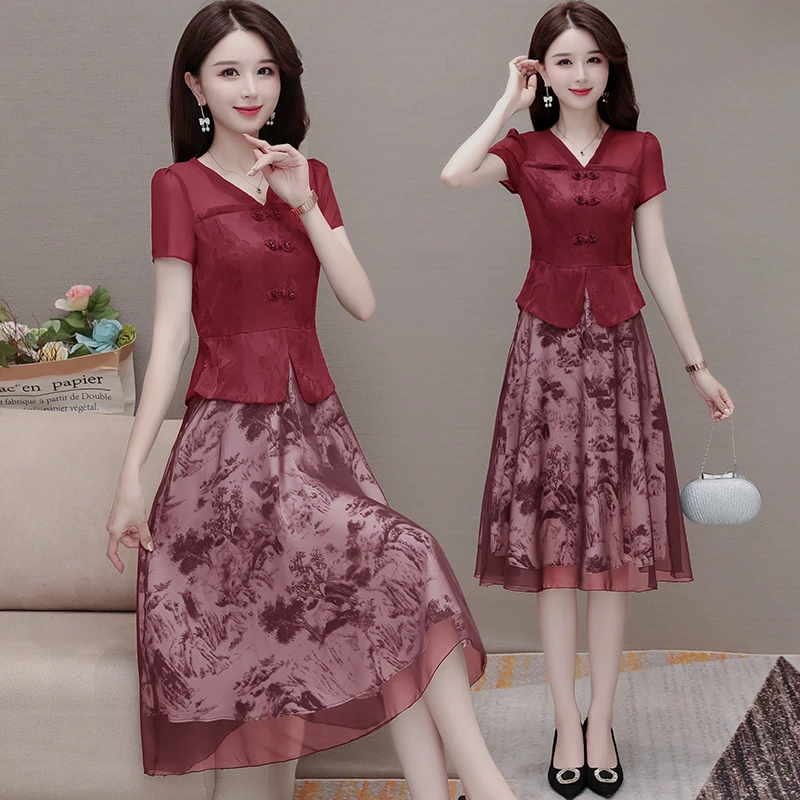 喜婆婆婚宴装平时可穿结婚妈妈礼服高贵夏季假两件套女装连衣裙