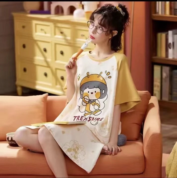 睡裙女夏季短袖纯棉大码连衣裙卡通新款韩版学生可爱时尚可外出