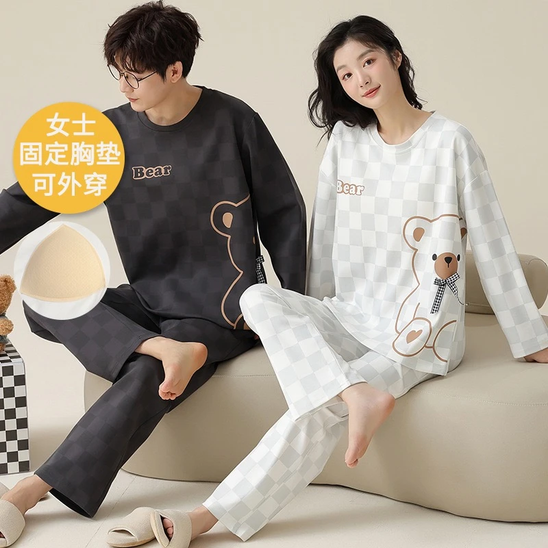 秋季纯棉情侣睡衣女卡通带胸垫长袖长裤家居服可外穿休闲男女睡衣