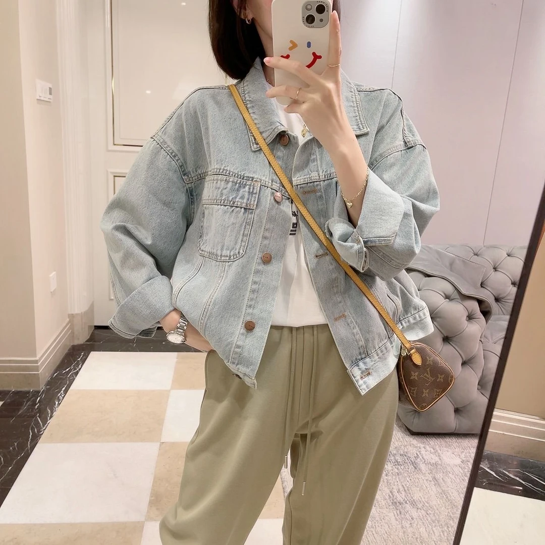 复古韩版短款小个子牛仔外套女2023春秋新款宽松休闲牛仔夹克上衣