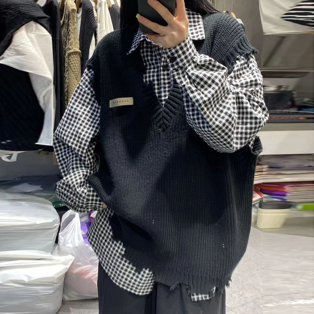 马甲背心女秋冬领针织毛衣新款慵懒风韩标破边2023新款马夹宽松