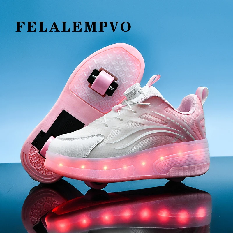 FELALEMPVO/斐拉领跑2轮带灯网面青少年轮滑运动鞋男女暴走滑轮鞋