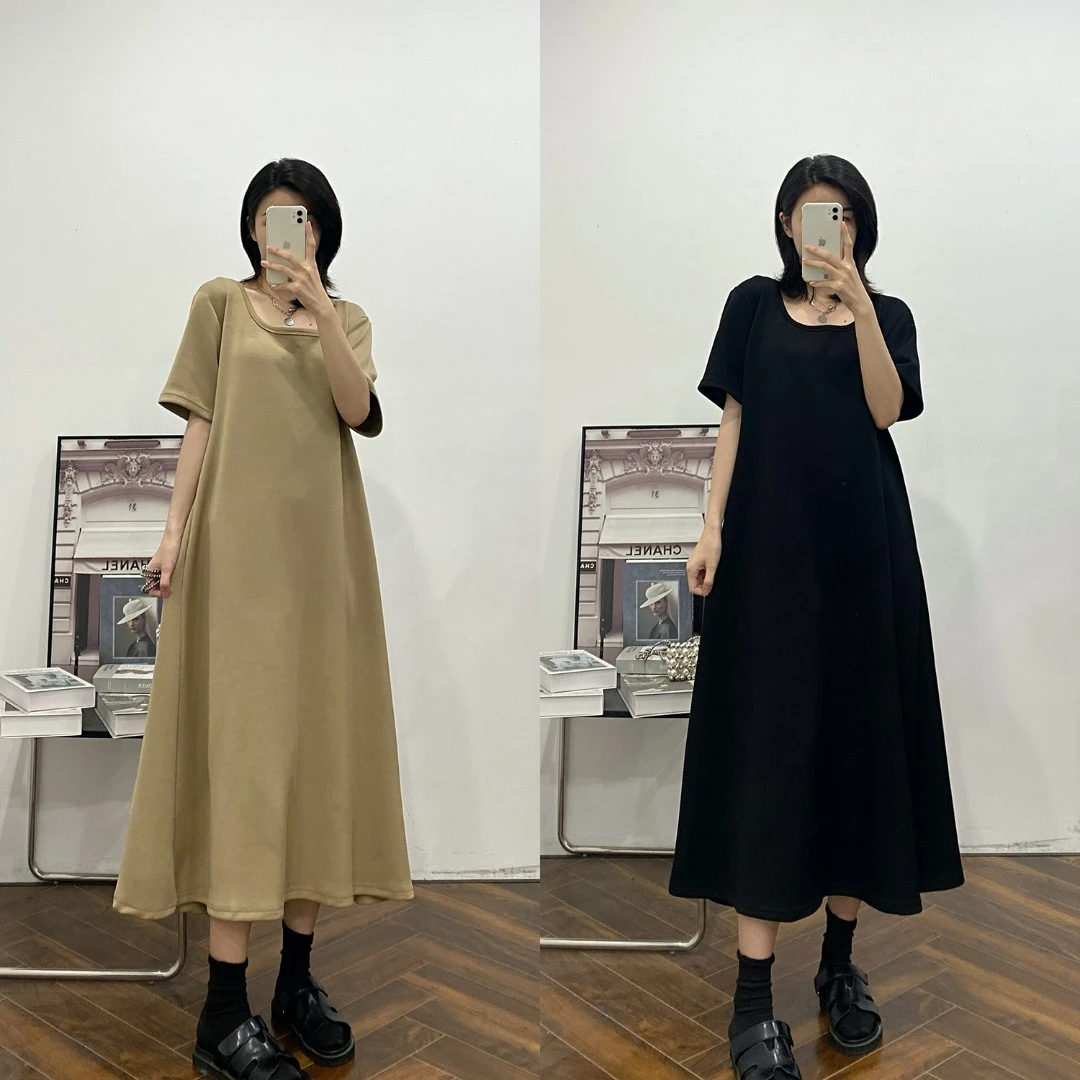 宸希定制 夏季新款大码纯色U领基础打底T恤连衣裙女