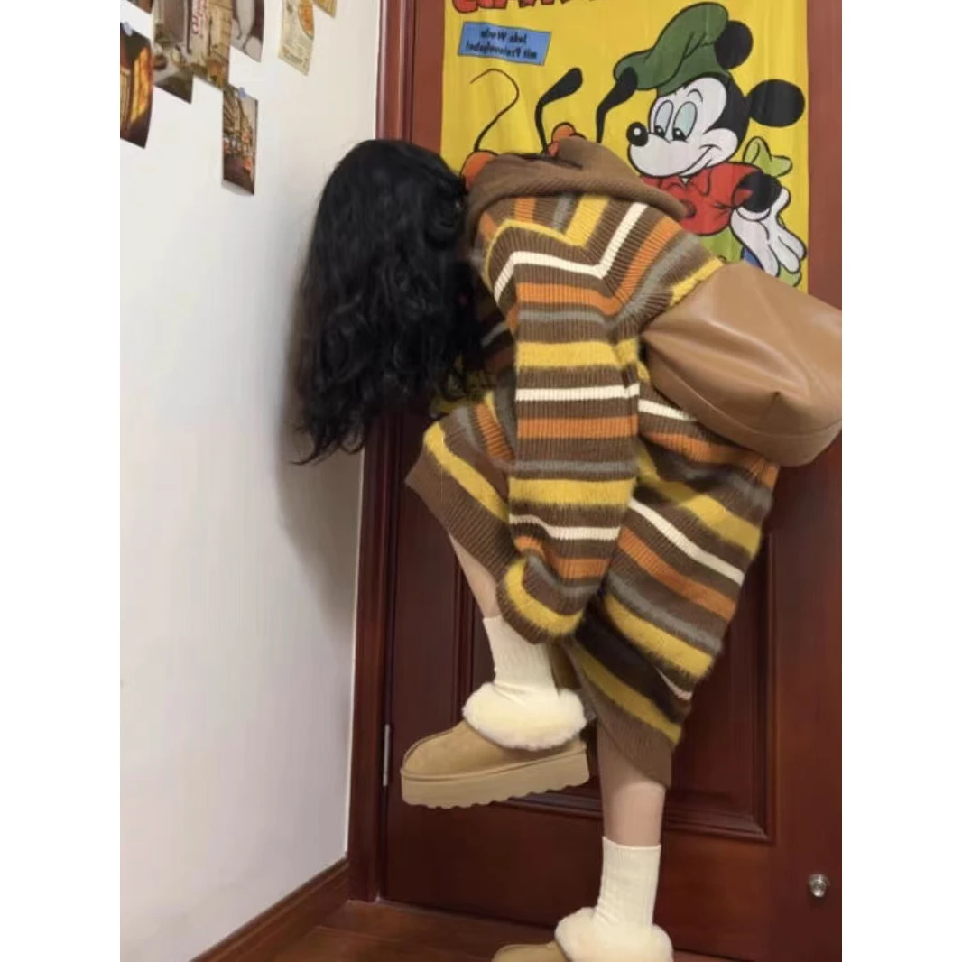 撞色条纹卫衣连帽连衣裙女秋冬韩系直筒宽松长款毛衣裙针织衫上衣