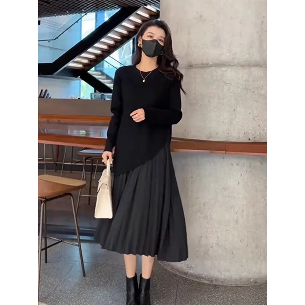 2025秋冬新款时尚气质设计假两件百褶裙长袖内搭连衣裙