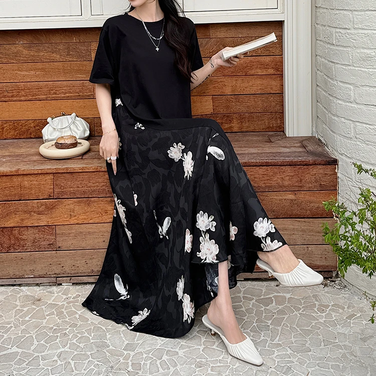 2025夏新款/长款大码拼提花缎高级感中国风假两件短袖连衣裙