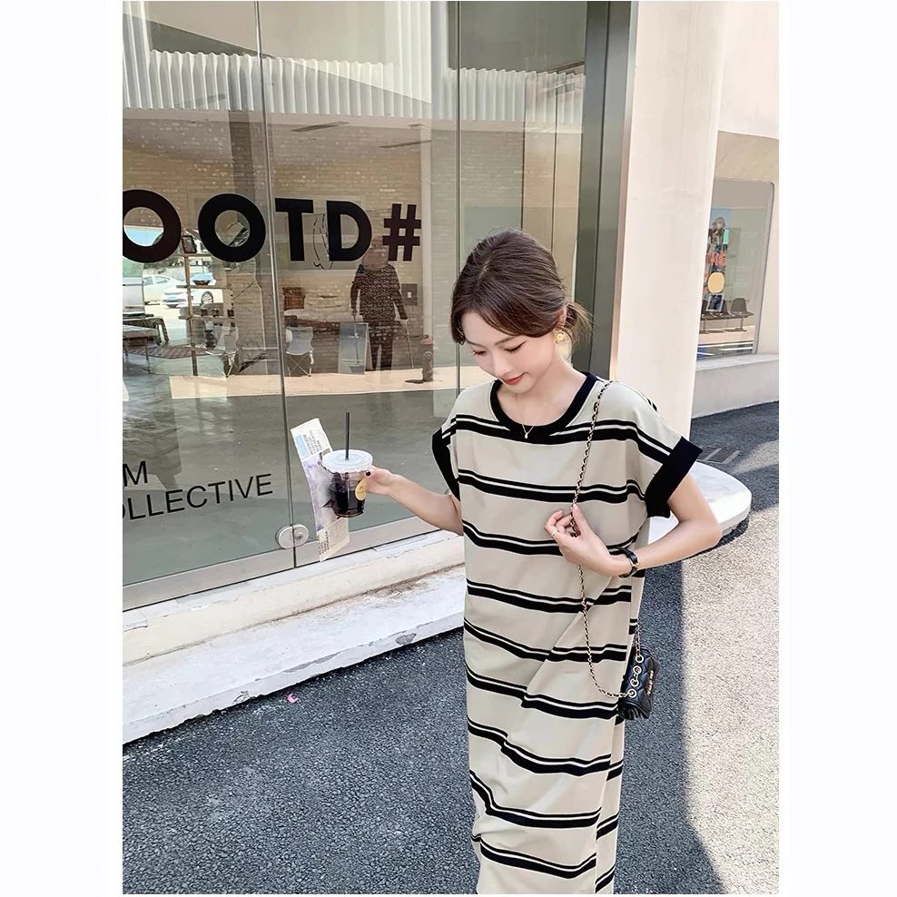 夏装连衣裙薄款新款条纹显瘦短袖开叉休闲裙子t恤长裙
