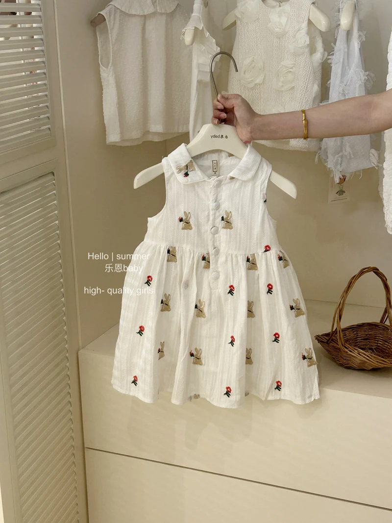 【乐恩童装】女童夏季白色刺绣兔子印花背心裙宝宝洋气可爱连衣裙子