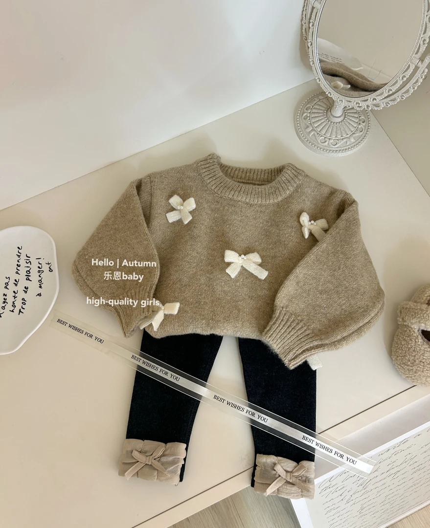 【乐恩童装】女童秋冬季新款时髦咖色蝴蝶结毛衣百搭深灰加绒裤套装