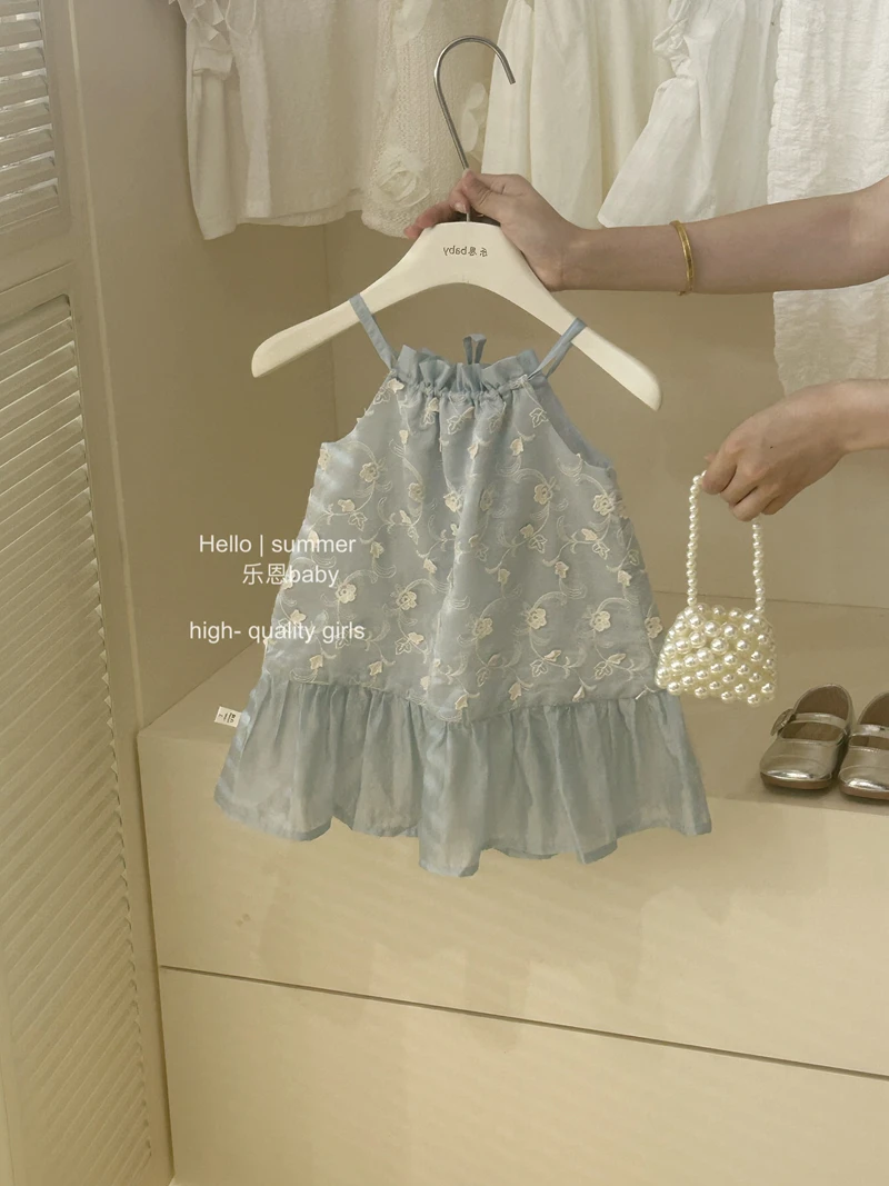 【乐恩童装】高定女童夏季蓝色立体绣花裙子宝宝洋气吊带裙连衣裙