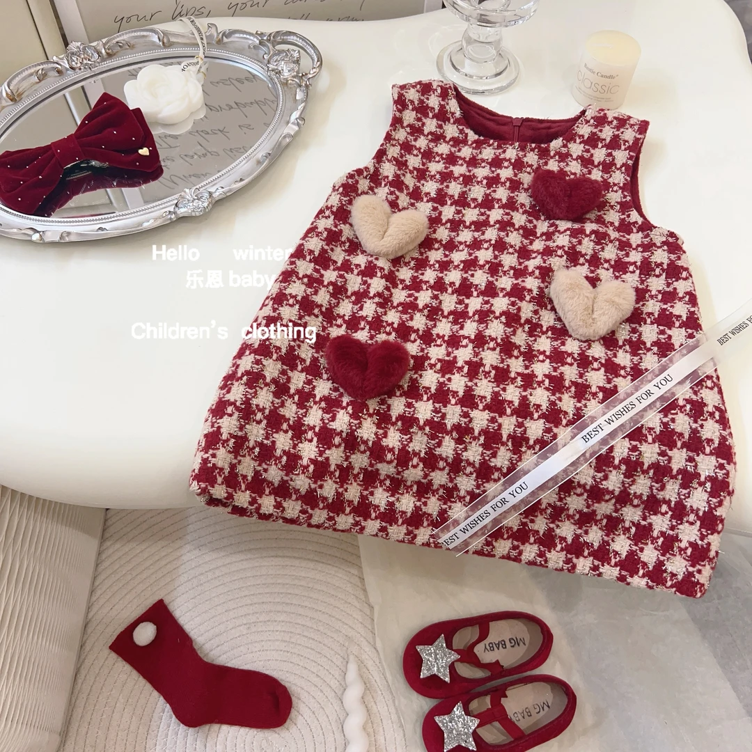 女童冬季新款红色千鸟格立体爱心裙宝宝洋气格子背心裙公主连衣裙