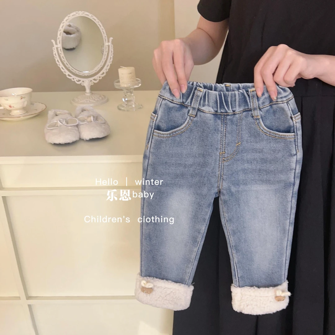 女童牛仔裤秋冬装2023新款儿童冬季加绒长裤女宝宝洋气一体绒裤子