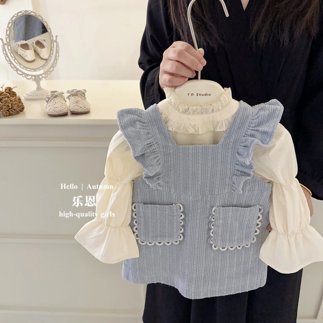 【乐恩童装】韩国童装女童蓝色背带裙2023秋洋气小女孩木耳边连衣