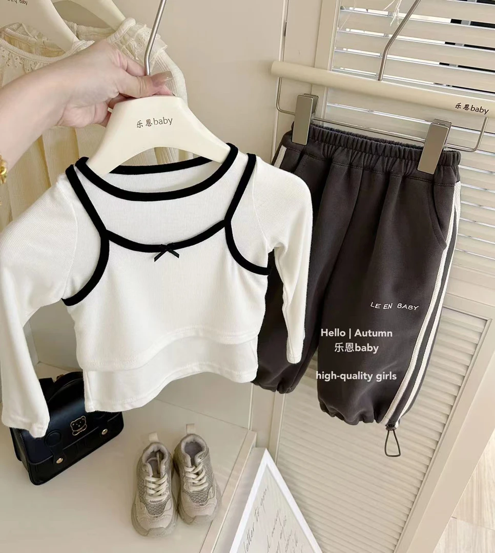 【乐恩童装】女童早秋冬季新款时髦打底上衣吊带衫深灰卫裤洋气套装