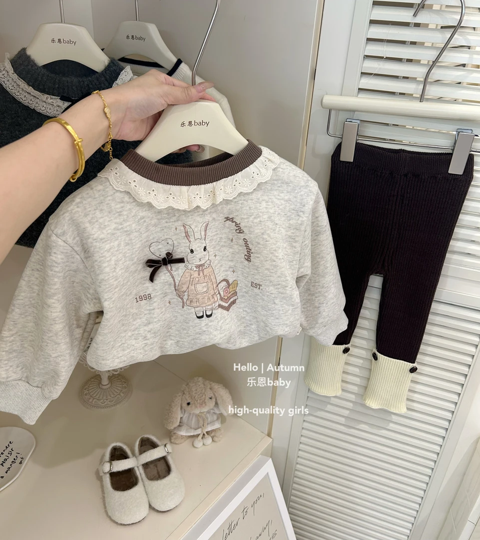 【乐恩童装】女童秋冬季新款灰色加绒卫衣时髦洋气打底裤可爱两件套