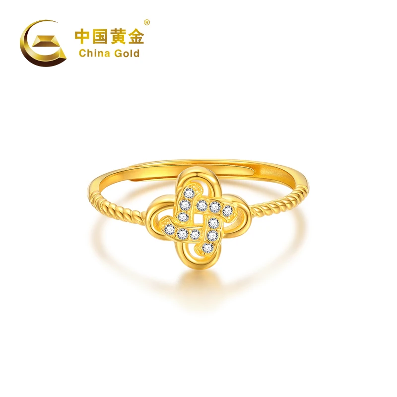 925银合成锆石戒指 2617# S925银 中国结金色四叶草戒指38好物