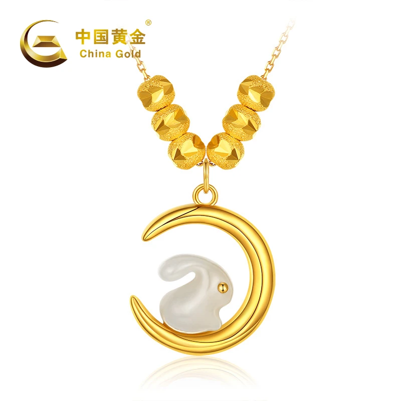 2840# S925银镀金色 大有前兔镶和田玉套链坠链镶玉月亮兔时尚