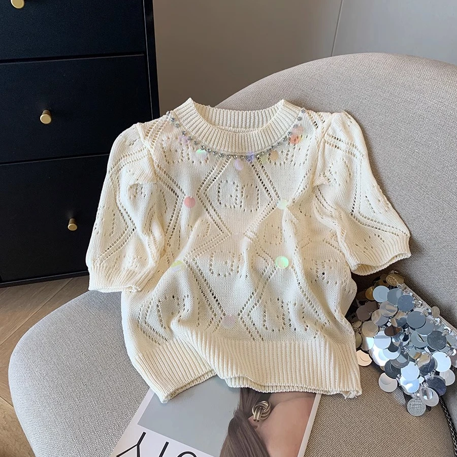 专柜撤回剪标小香风亮片镂空短袖针织衫女夏新款内搭圆领显瘦上衣