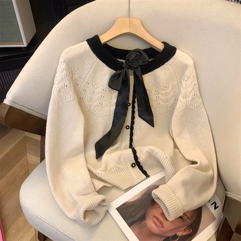 韩版撞色蝴蝶结系带毛衣女2025春秋新款温柔百搭显瘦针织衫外套