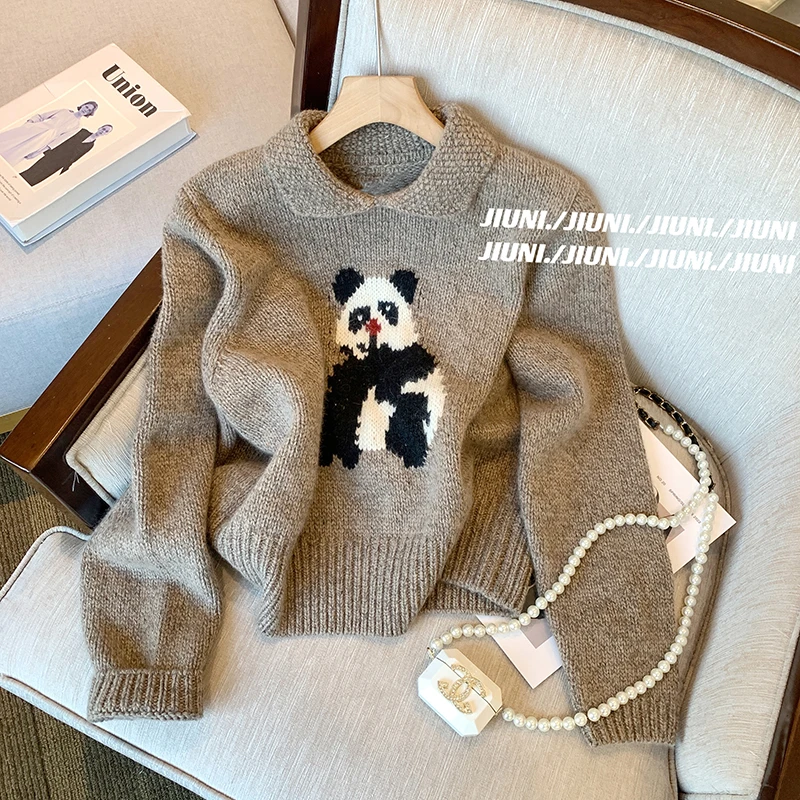 复古高级感翻领熊猫印花短款毛衣女2023秋冬新款慵懒软糯套头上衣