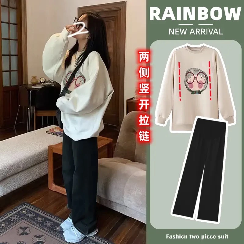 哺乳卫衣秋冬季辣妈款加绒加厚宽松喂奶上衣阔腿裤产后外出穿套装